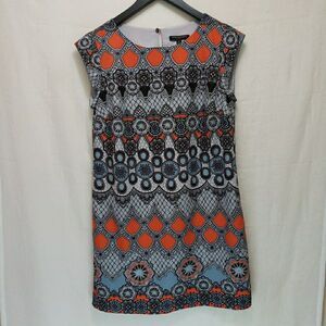 Banana Republic Size 8 Geometric Tile Print Shift Dress Cap Sleeve Orange Blue